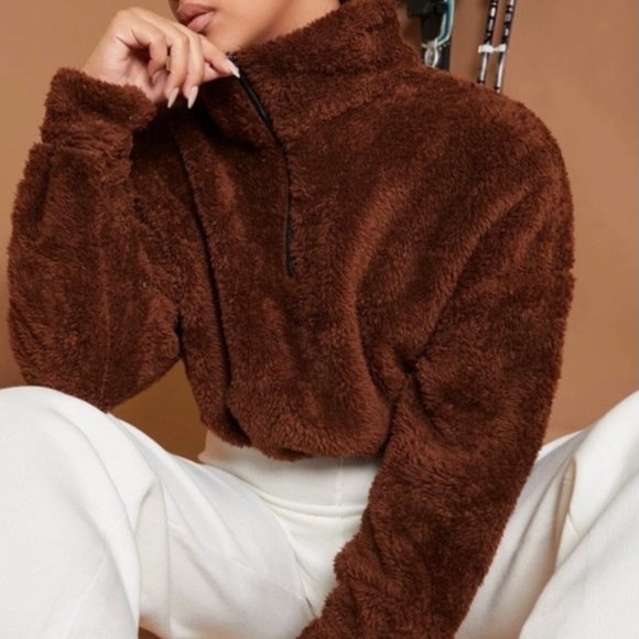 NWOT Brown Zip Half Placket Teddy Sweatshirt M - Picture 4 of 9